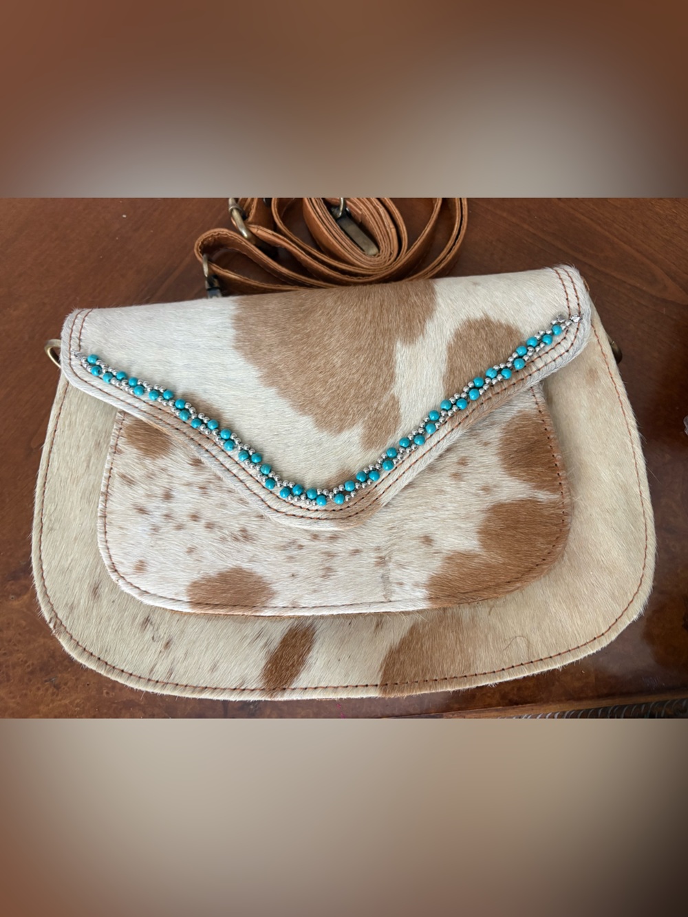 Cowhide Crossbody with Turquoise Bead Trim